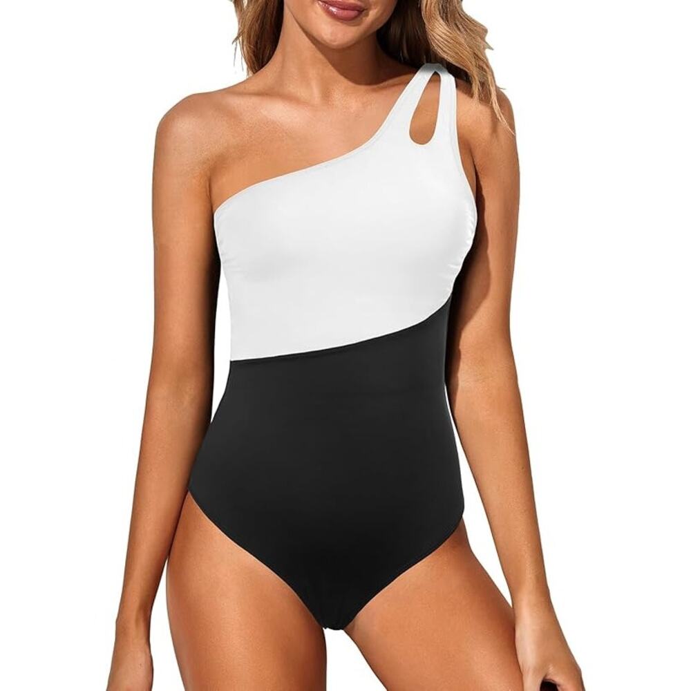 NWT ~ Black & White One Shoulder One Piece Tummy Control Swimsuit ~ Women's XL